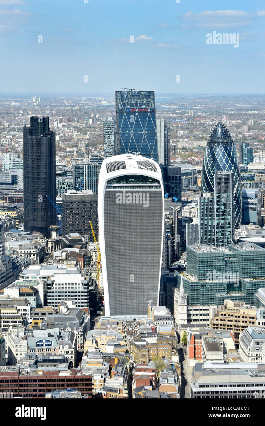 Aerial looking down view of City of London skyline including Walkie Talkie building (front) & the Gherkin London UK building skyscrapers Stock Photo