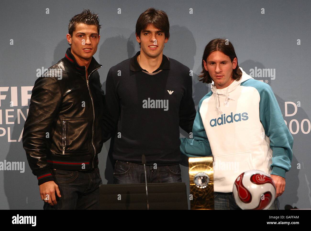 Manchester United's Cristiano Ronaldo, AC Milan's Kaka and Barcelona's Lionel Messi at the FIFA World Player Gala Stock Photo