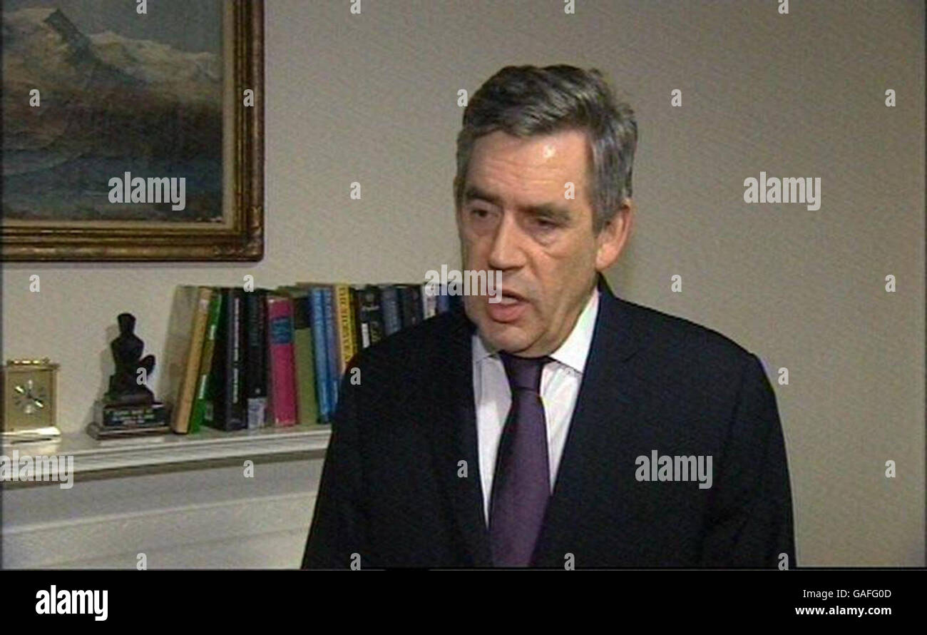 Prime Minister Gordon Brown gives a statement on the assassination of Pakistani opposition leader Benazir Bhutto. Stock Photo