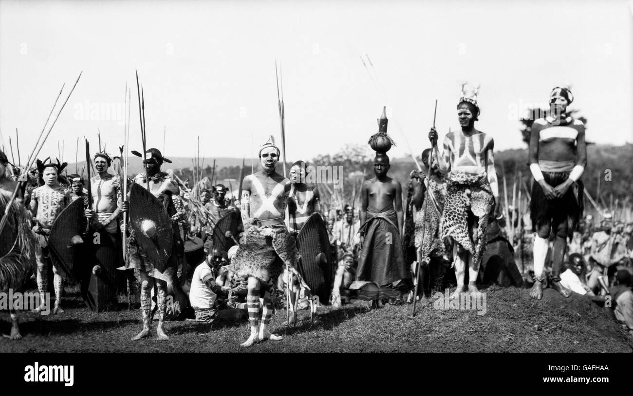 Wagaya warriors in full war dress. These people inhabit Tanganyika and are a very fierce tribe who had to be bribed by the photographer to pose for him Stock Photo