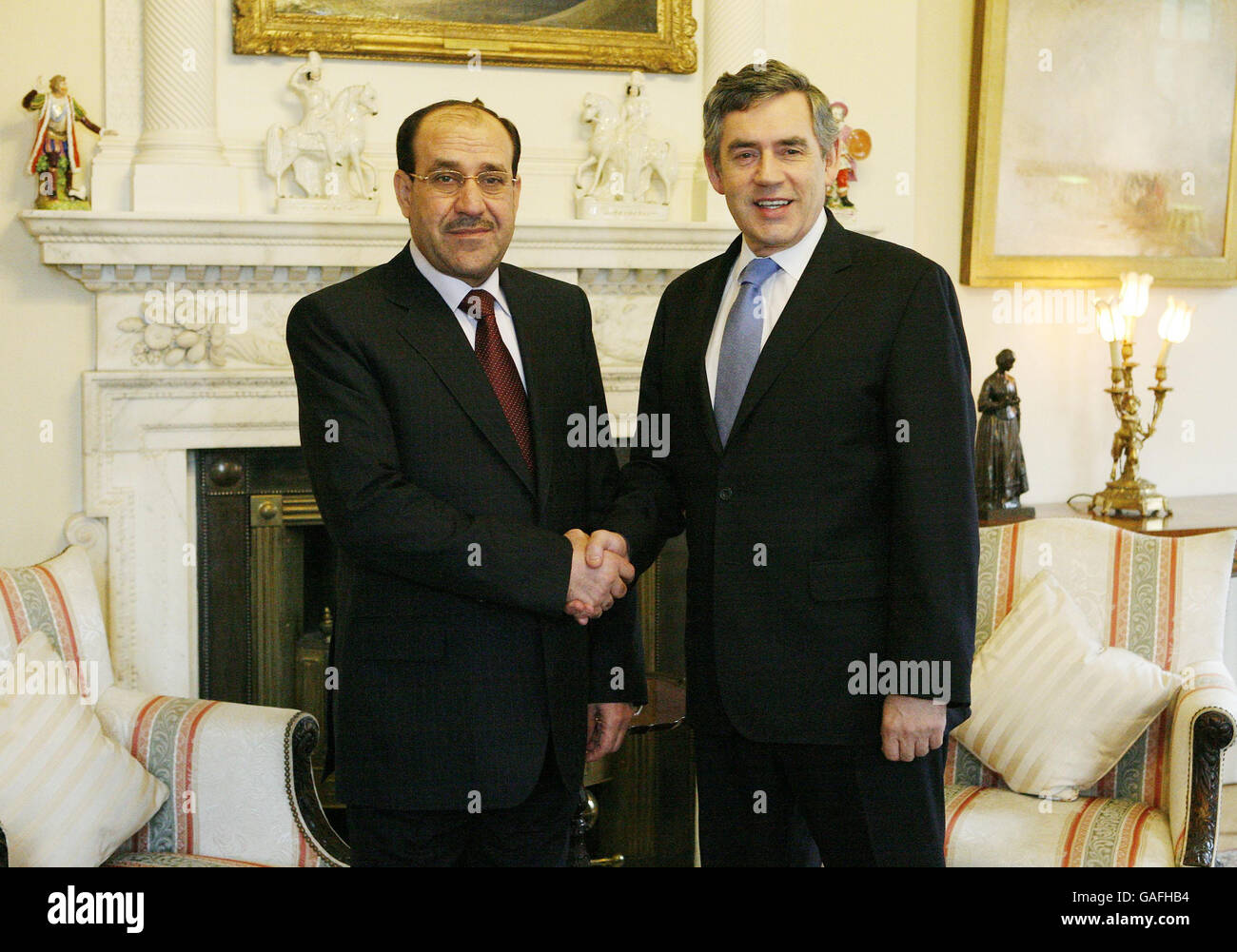 Britain's Prime Minister Gordon Brown, right, greets visiting Iraqi Prime Minister Nouri al-Maliki, at No 10 Downing Street, London. Thursday Jan. 3, 2008. Stock Photo