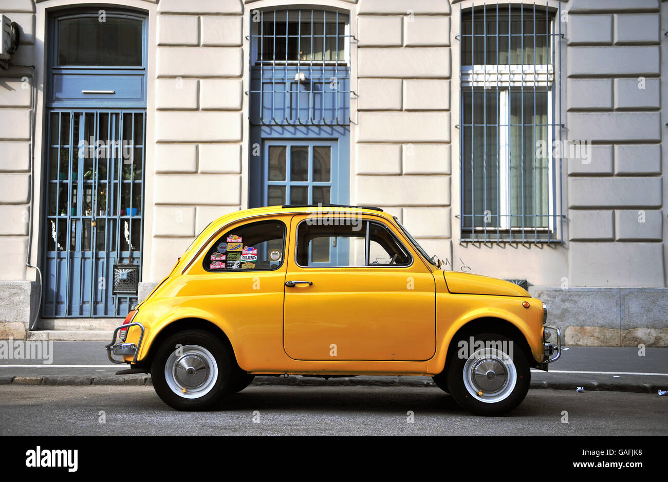 BUDAPEST, HUNGARY - MAY 18: Old fashioned car parked in the street of Budapest on May 18, 2016. Stock Photo