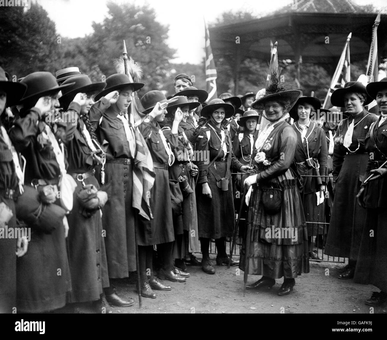 Lady Baden Powell inspects the guard of honour of Girl Guides at Battersea Park. Stock Photo