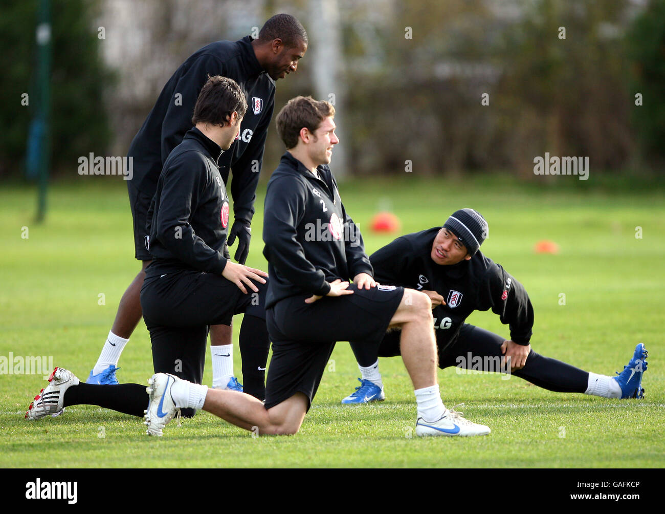 Soccer - Barclays Premier League - Fulham Training - Motspur Park Training Ground. Fulham's Moritz Volz stretches during training Stock Photo