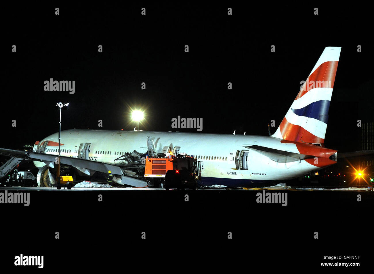 A general view of the British Airways Boeing 777 plane which flew in from China and landed short of the runway at Heathrow Airport. Stock Photo