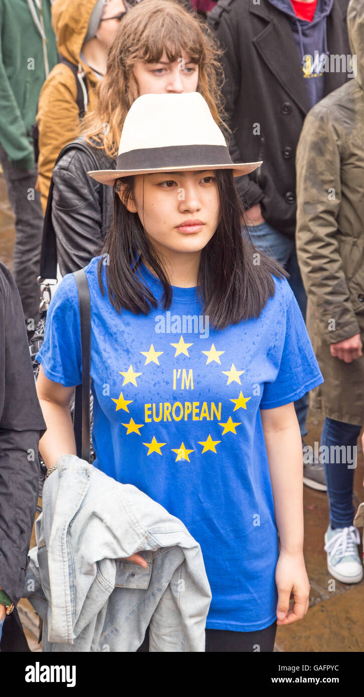 Three of the 1000 supporters of Britain staying in the European Union (EU) wearing 'I'm European' t-shirts Stock Photo
