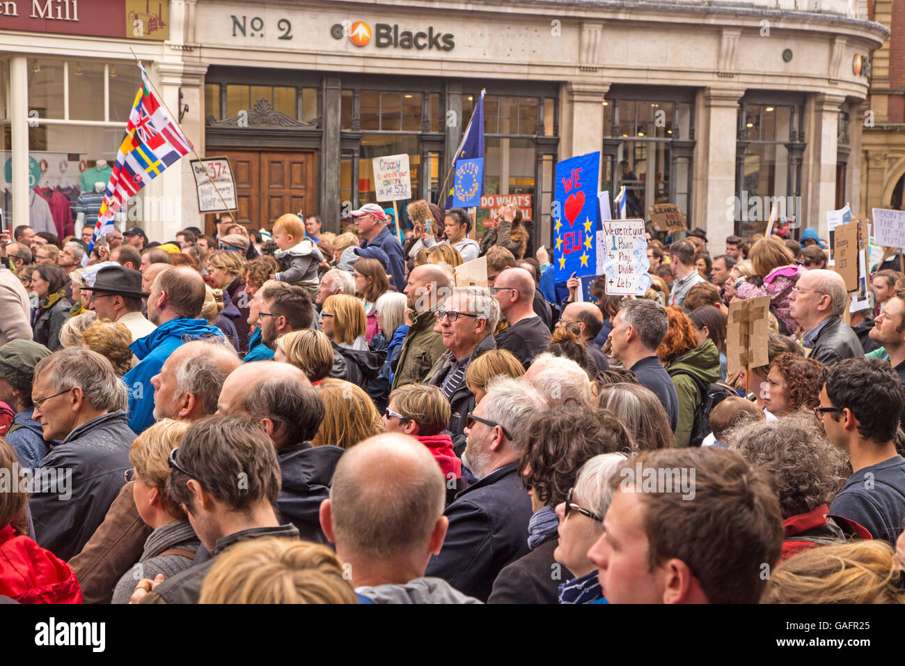 Over 1000 supporters of Britain in Europe marched through York on 2 July 2016. Here they are listening speakers in St Helen's Sq Stock Photo