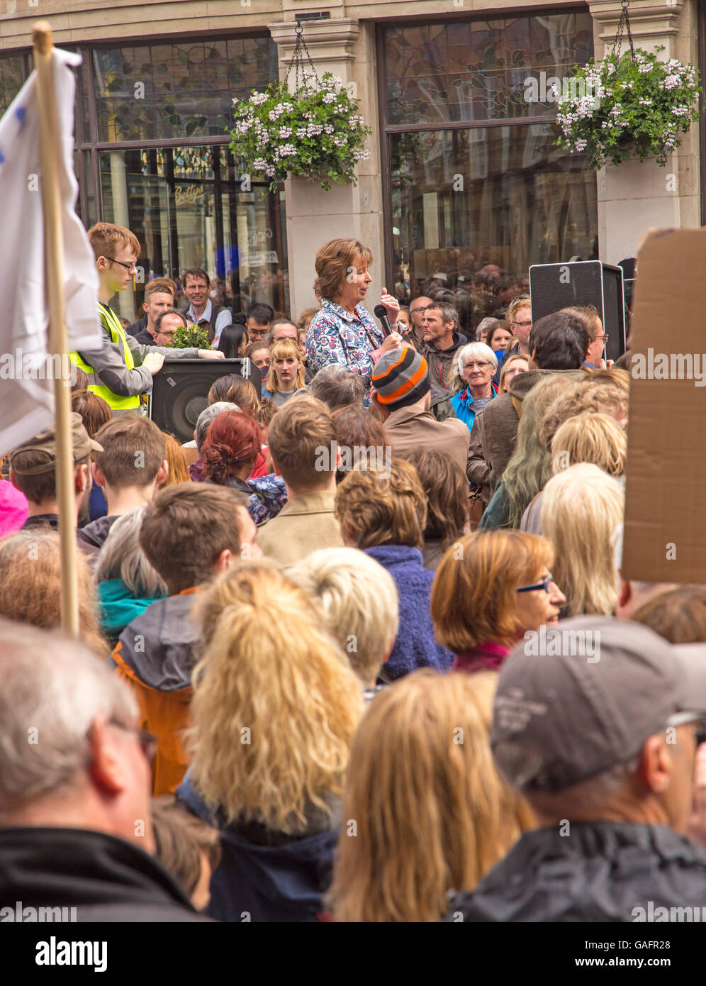Over 1000 supporters of Britain in Europe marched through York on 2 July 2016. Here they are listening speakers in St Helen's Sq Stock Photo