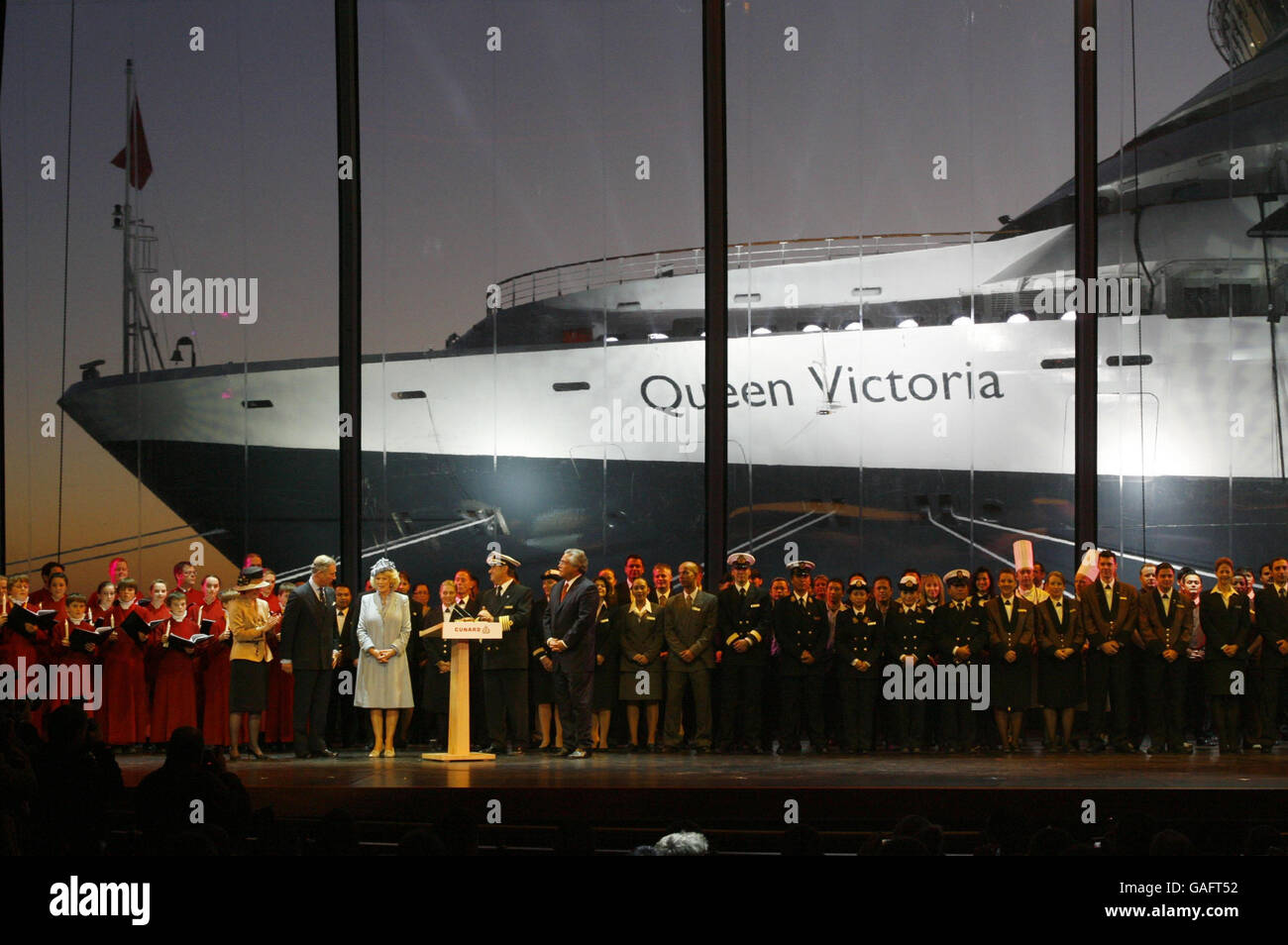 HRH The Prince of Wales and HRH The Duchess of Cornwall on stage at Southampton Docks where The Duchess named the new Cunard liner the Queen Victoria. Stock Photo