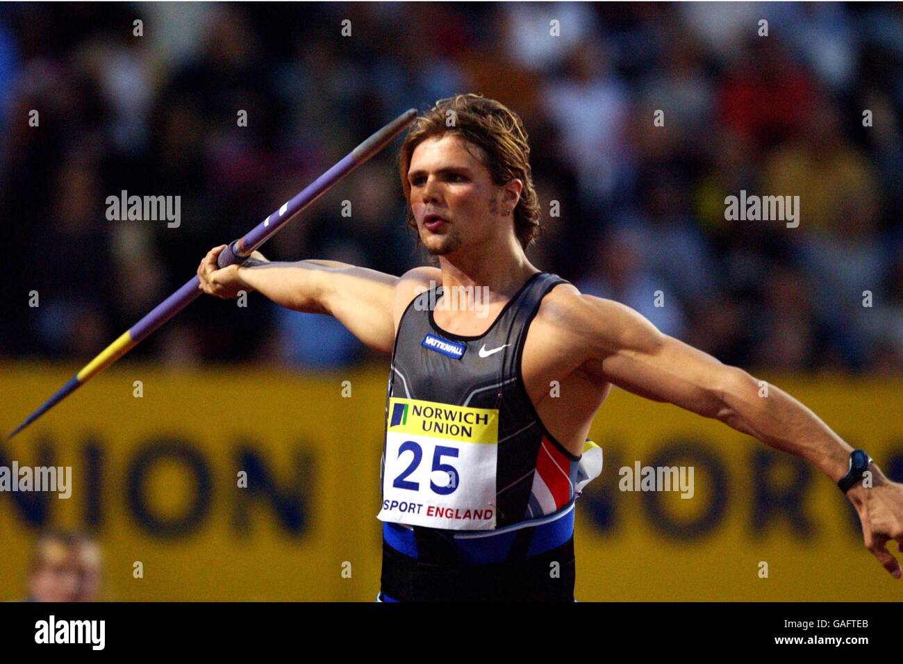 Athletics Norwich Union British Grand Prix Men's Javelin. Finland's Harri Haatainen Stock