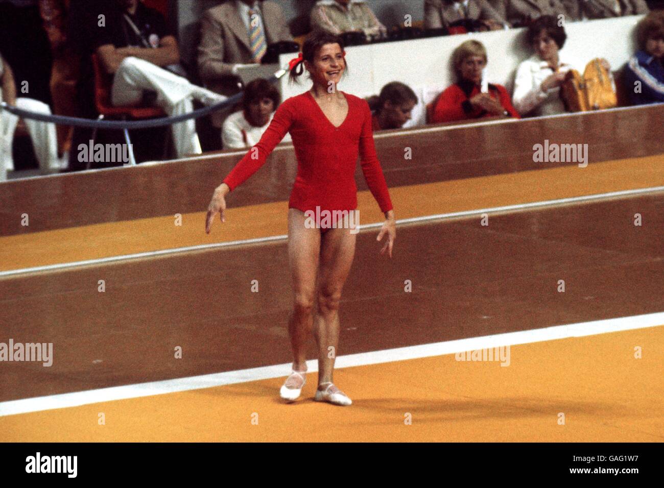 USSR's Olga Korbut performs her floor routine wearing a broad smile Stock Photo