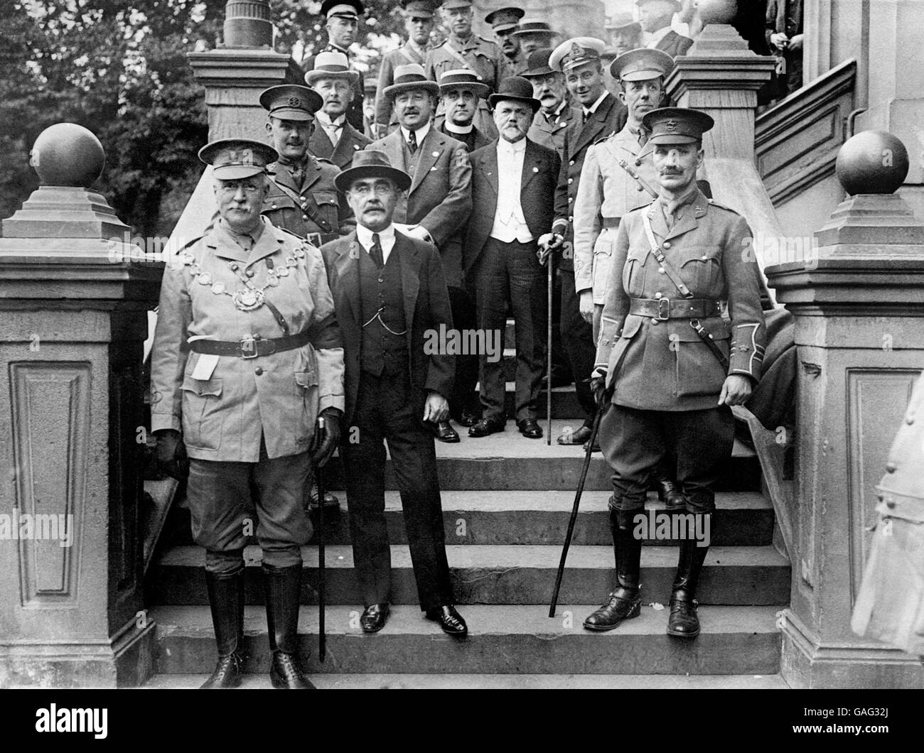 Rudyard Kipling (bottom centre) appeals for recruits; On the left of Kipling is the Mayor of Southport in volunteer uniform. The naval officer (TOP RIGHT) is Surgeon Avarne who went down with the Goliath and swam for four miles before being rescued. Stock Photo