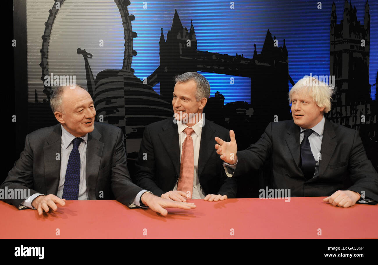 Candidates for Mayor of London, Labour's Ken Livingston (left), Lib Dem candidate Brian Paddick (centre) and Boris Johnson of the Conservative party, appear together on television debate. Stock Photo