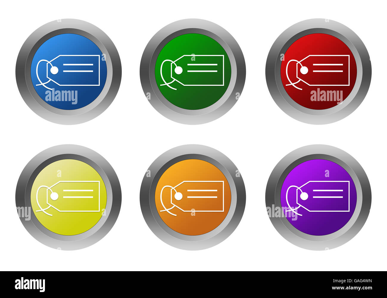 Set of colorful rounded buttons with label symbol in blue, green ...
