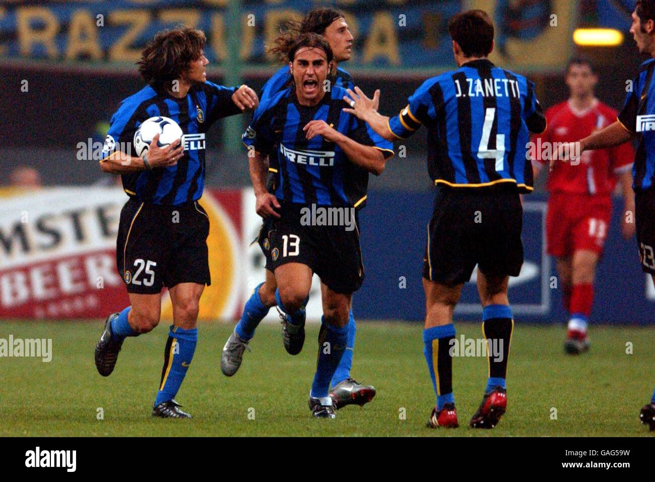 Inter Milan's Fabio Cannavaro (c) celebrates scoring their equalising goal  with teammates Matias Almeyda (l) and captain Javier Zanetti (r Stock Photo  - Alamy