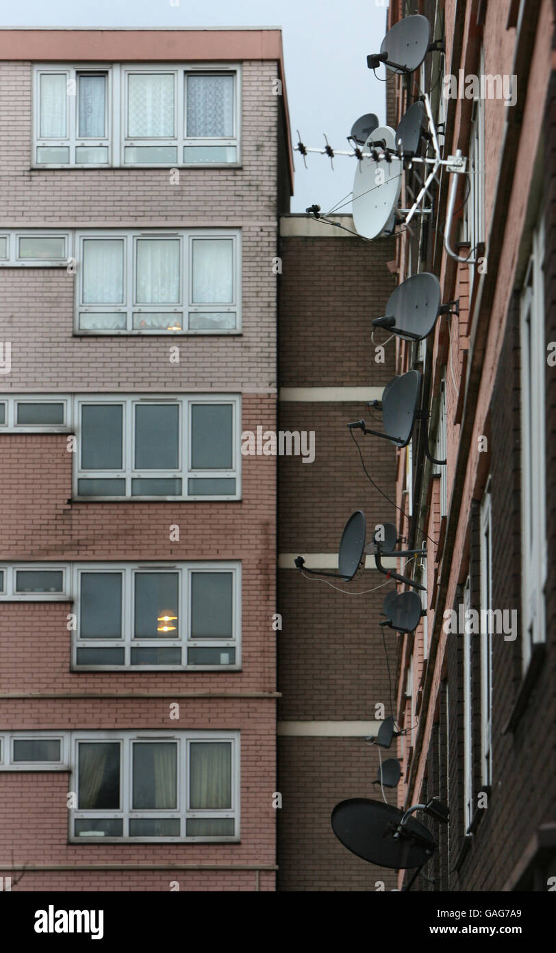 Satellite dishes outsides flats on Heath Town Estate in Wolverhampton Stock Photo