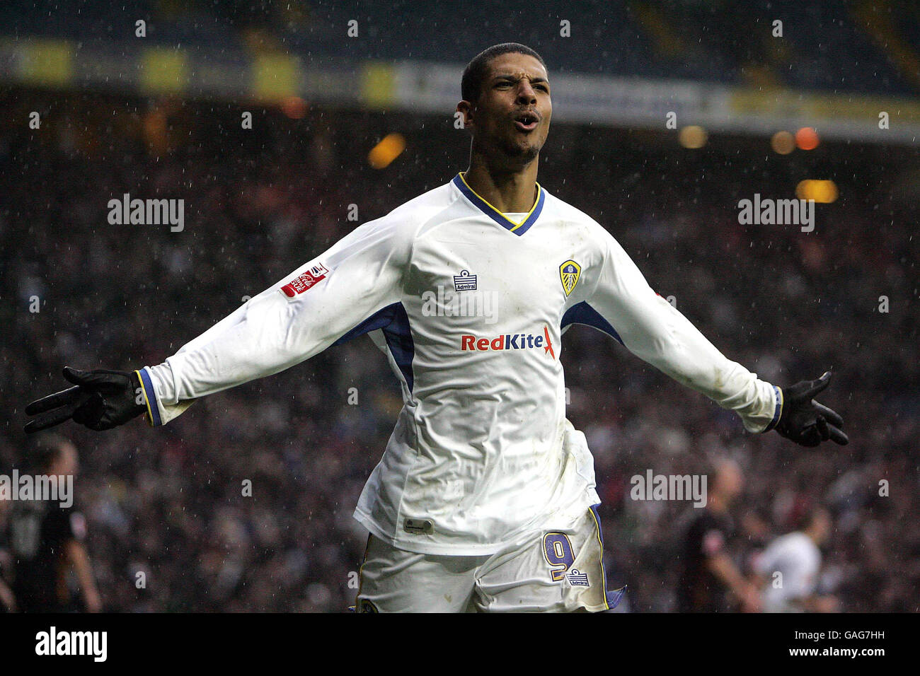 Leeds United's Jermaine Beckford celebrates his second goal during the Coca-Cola League One match at Elland Road, Leeds. Stock Photo