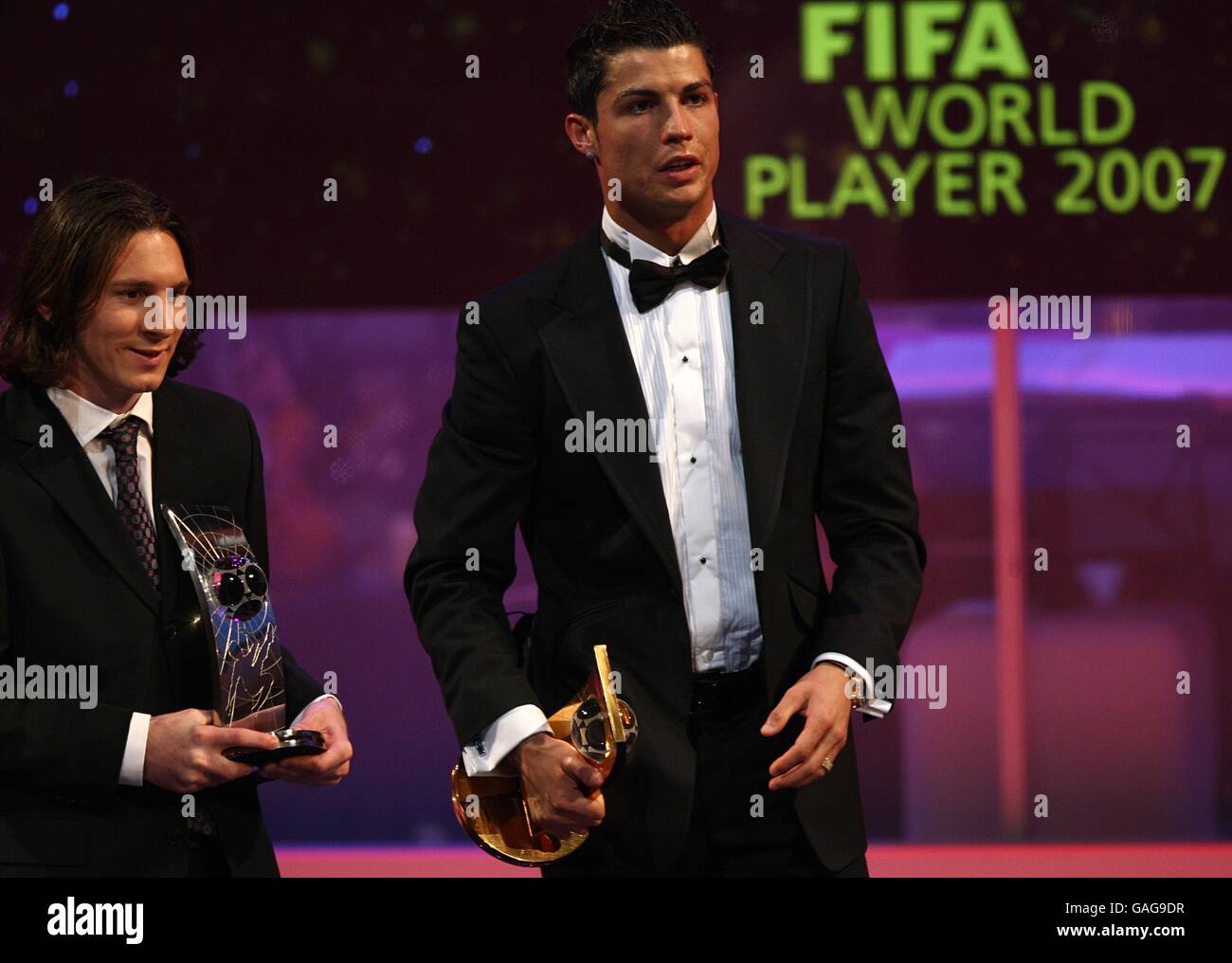 Barcelona's Lionel Messi after he was named runner up in the FIFA World Player of the Year and their placed Manchester United's Cristiano Ronaldo at the FIFA World Player Gala Stock Photo