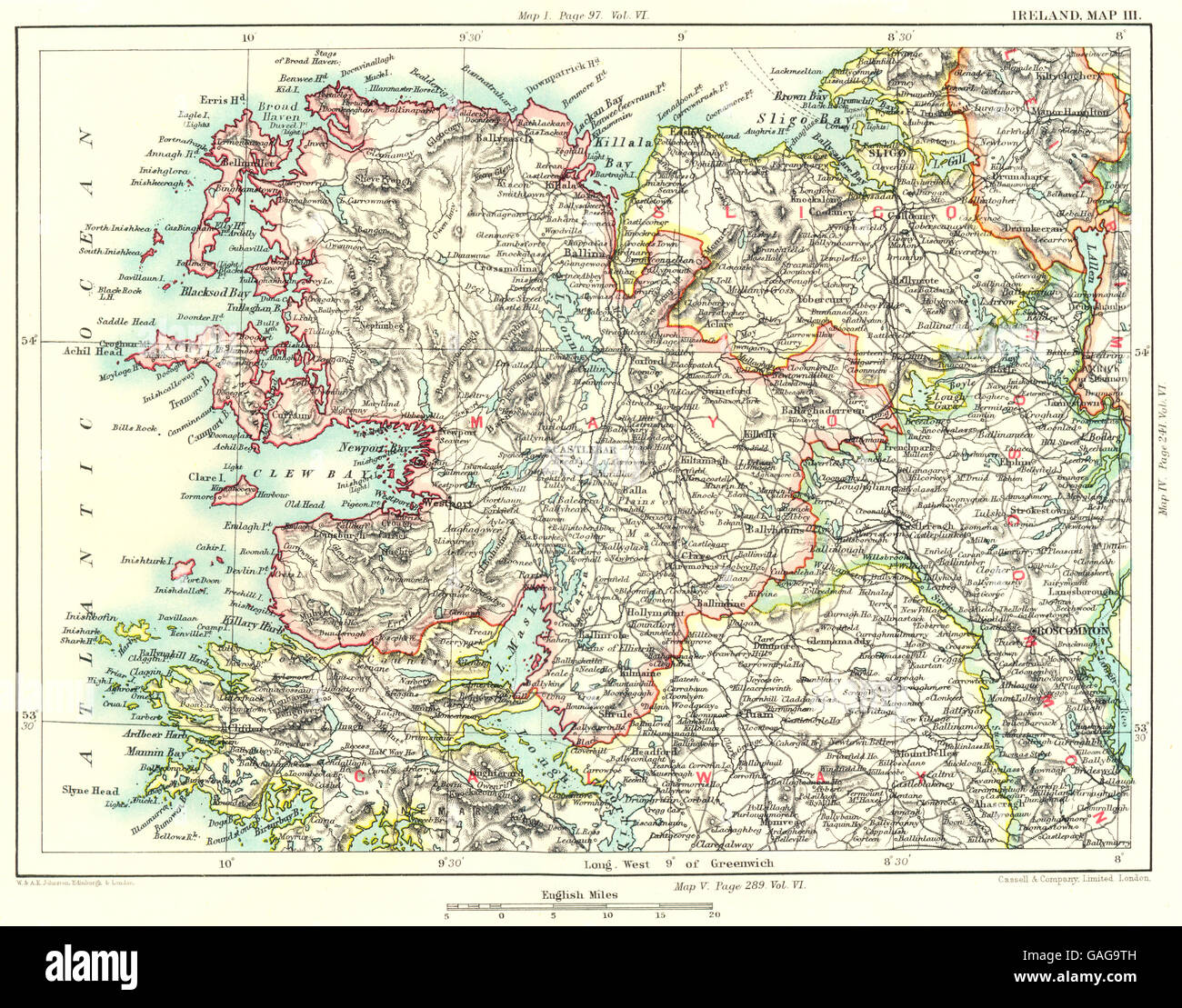 Map Of Sligo And Mayo Connaught:mayo Galway Sligo Leitrim Roscommon Ballina Killala. Ireland,  1893 Map Stock Photo - Alamy
