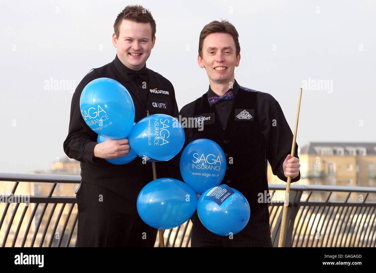 Snooker - SAGA Insurance Masters - Official Launch - Canary Wharf. Snooker players Ken Doherty (right) and Shaun Murphy launch the SAGA Insurance Masters by releasing 200 balloons in Canary Wharf, London. Stock Photo