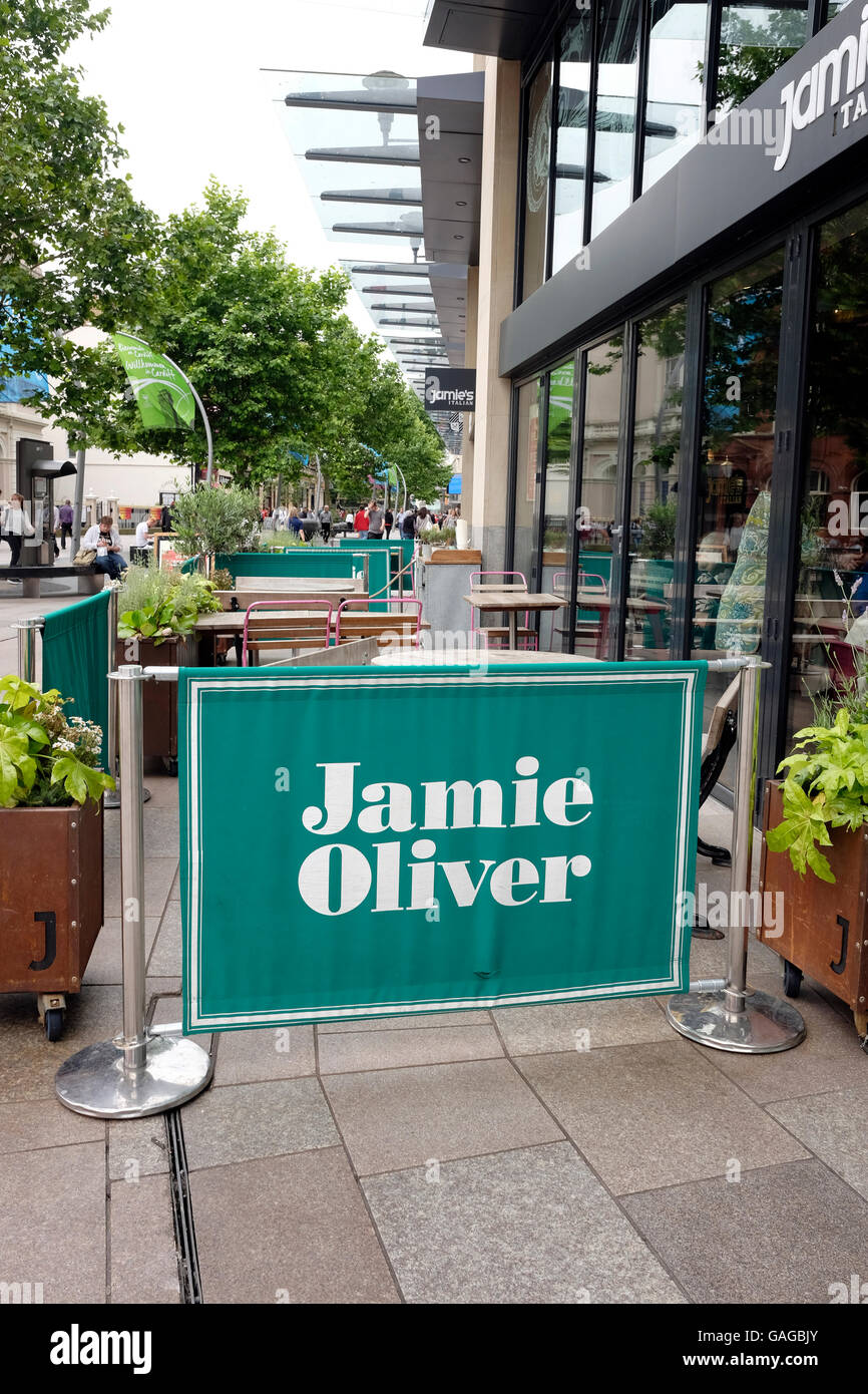 Empty tables outside Janie Oliver restaurant in Cardiff. July 2016 Stock Photo