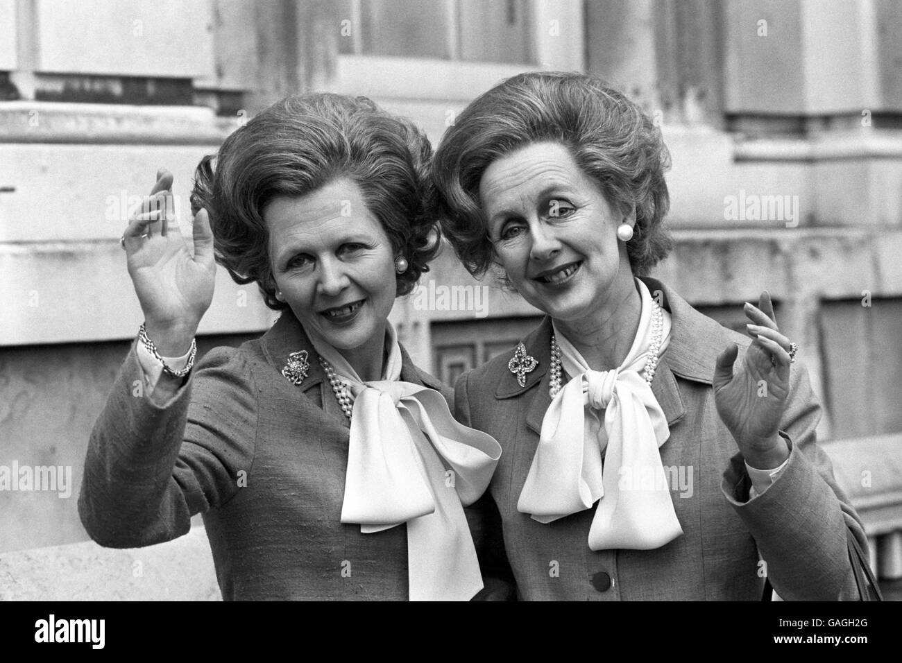 Margaret Thatcher lookalikes, actresses Angela Thorne (left) and Janet Hargreaves in Downing Street, looking the part for their roles as the Prime Minister in 'Anyone For Denis?'. Stock Photo