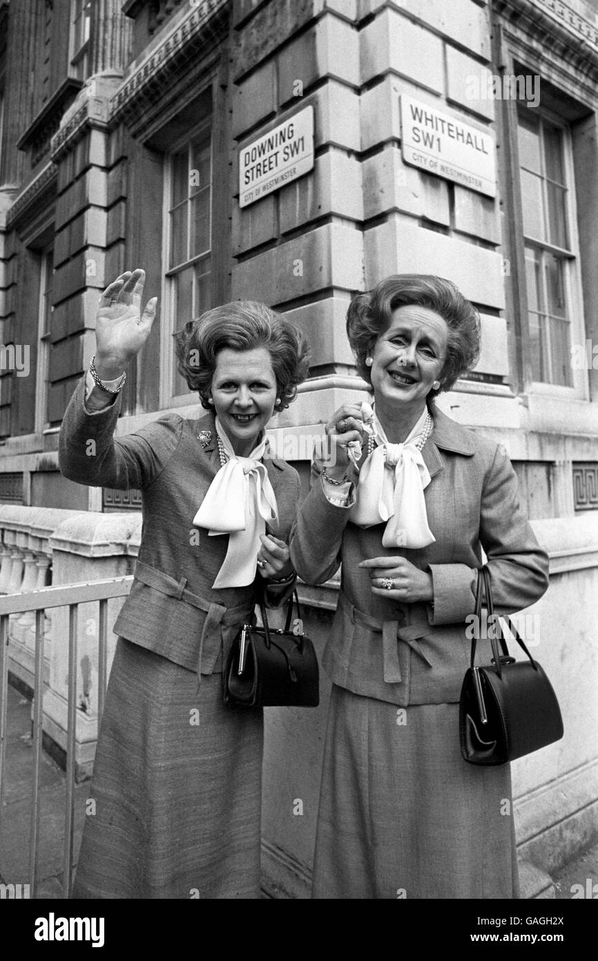 Margaret Thatcher lookalikes, actresses Angela Thorne (left) and Janet Hargreaves in Downing Street, looking the part for their roles as the Prime Minister in 'Anyone For Denis?'. Stock Photo