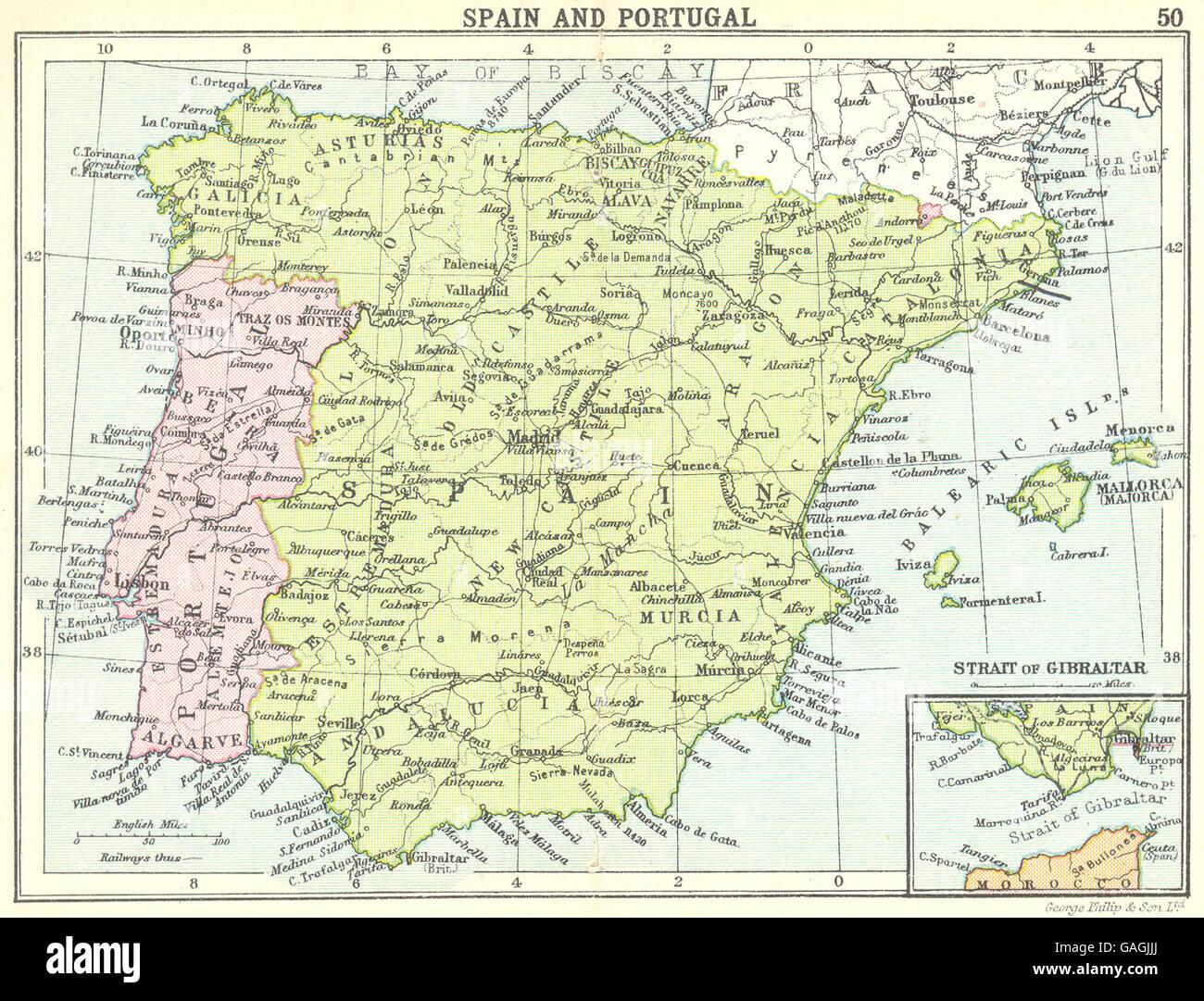 SPAIN: Spain and Portugal; Inset map of Strait of Gibraltar; Small map, 1912 Stock Photo