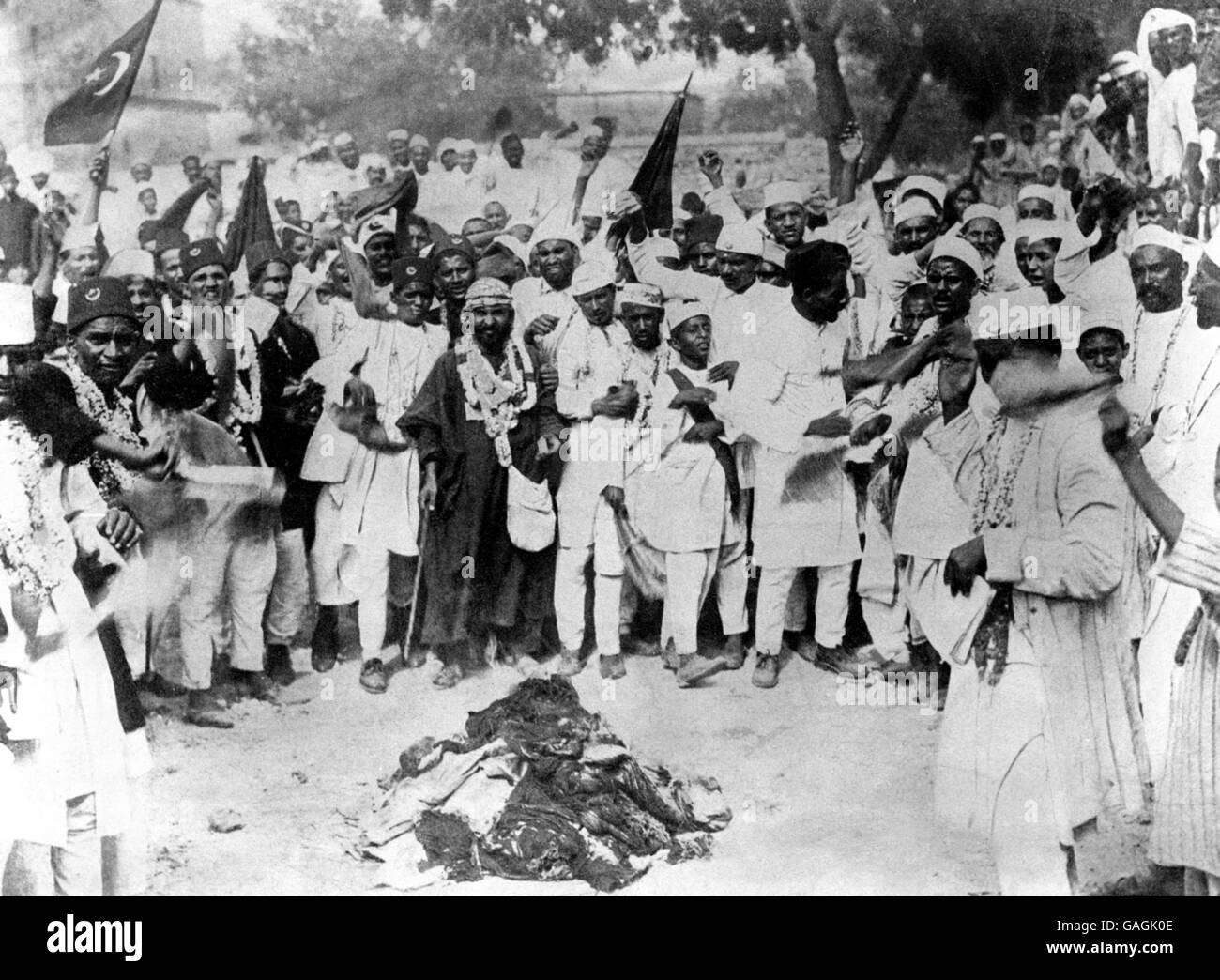 Followers of Gandhi burning Bradford and Manchester goods at a popular demonstration. Stock Photo