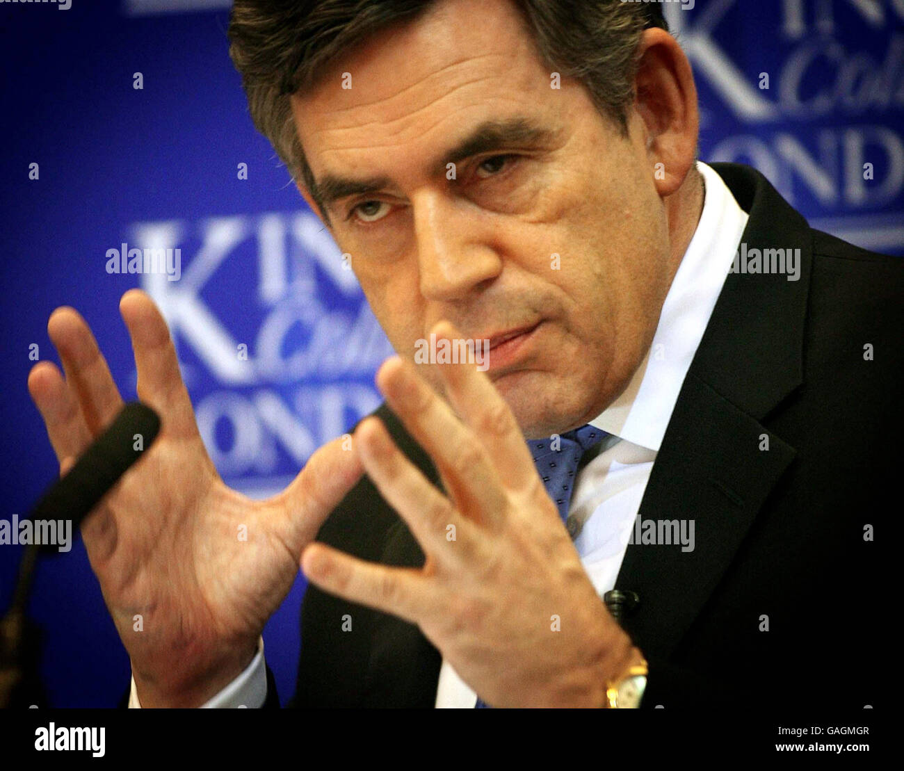 Prime Minister Gordon Brown makes a speech on his future plans for the NHS at Kings College in London today. Stock Photo