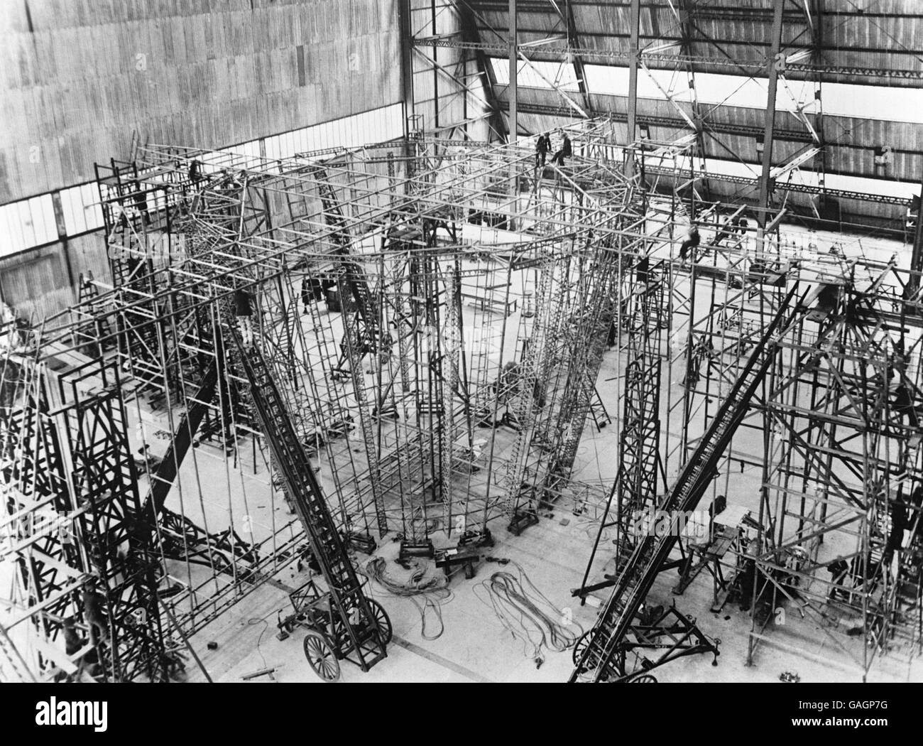 The tail piece under construction of Britain's new R101 airship at the Royal Airship Works at Cardington in Bedfordshire. Stock Photo