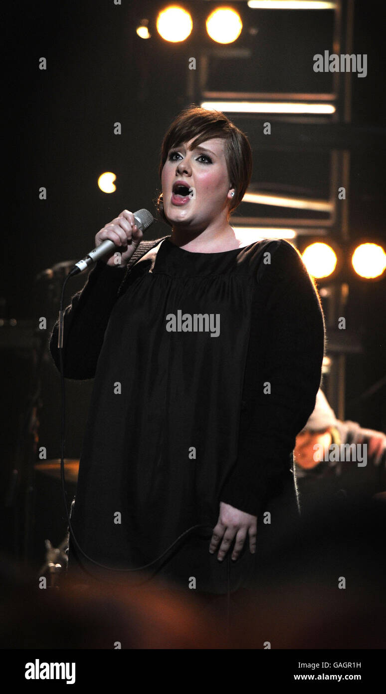 Adele performs at the nominations for the 2008 Brit Awards at The Roundhouse, in central London. Stock Photo