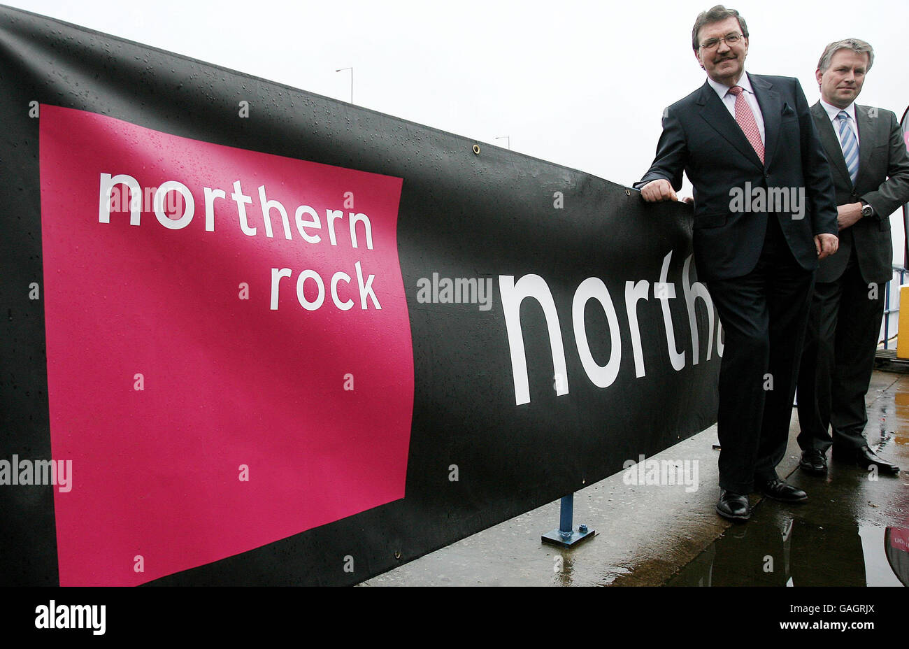 Chairman of Northern Rock Bryan Sanderson and Chief Executive Andy Kuipers outside Newcastle Metro Arena after a meeting about the proposed sale of the Bank. Stock Photo