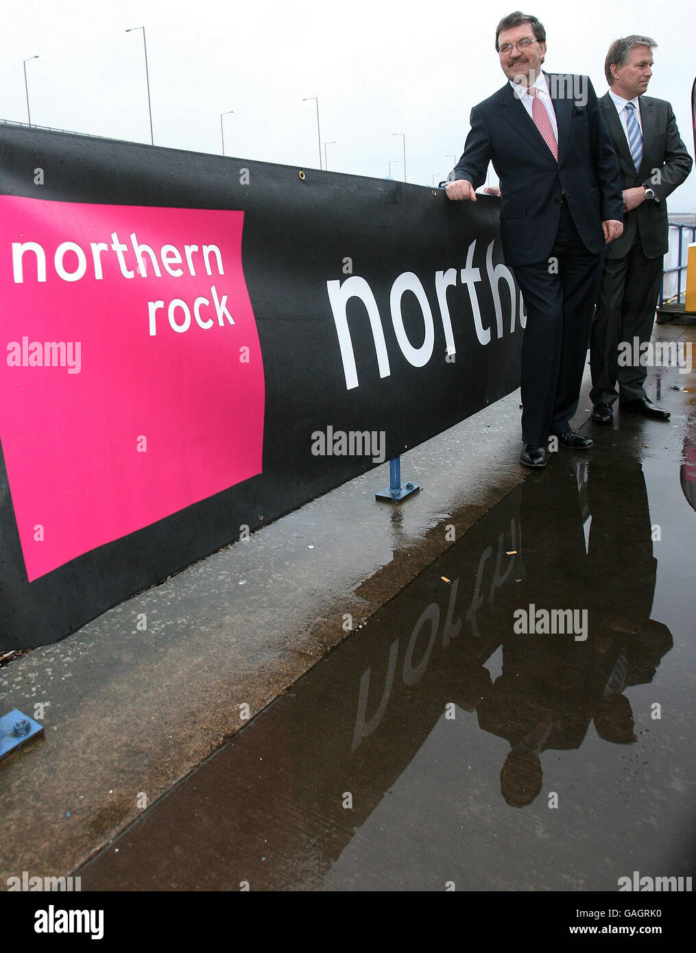 Chairman of Northern Rock Bryan Sanderson and Chief Executive Andy Kuipers outside Newcastle Metro Arena after a meeting about the proposed sale of the Bank. Stock Photo