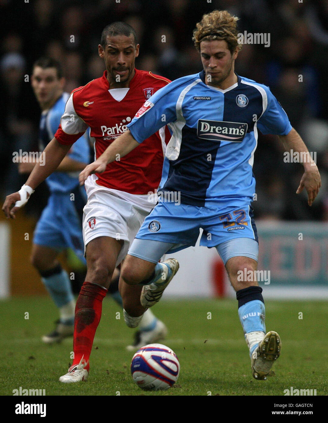 Rotherham United's Marc Joseph and Wycombe Wanderers' Sergio Torres during the Coca-Cola League Two match at Millmoor, Rotherham. Stock Photo
