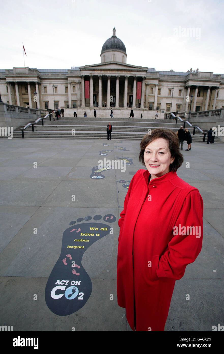 Minister for Climate Change, Joan Ruddock MP, spearheads the Government's Act on CO2 campaign with a series of giant footprints in Trafalgar Square, London. Stock Photo