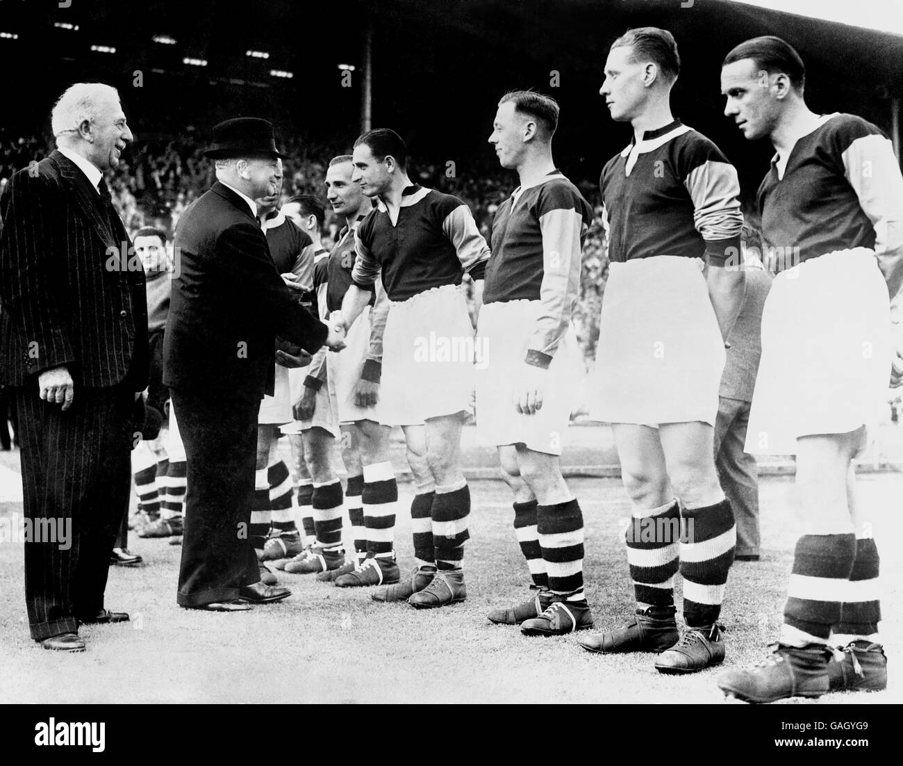 Soccer - Football League Wartime Cup - Final - West Ham United v Blackburn  Rovers - Wembley - 1940. Mr Albert Victor Alexander (second l), First Lord  of the Admiralty, shakes hands