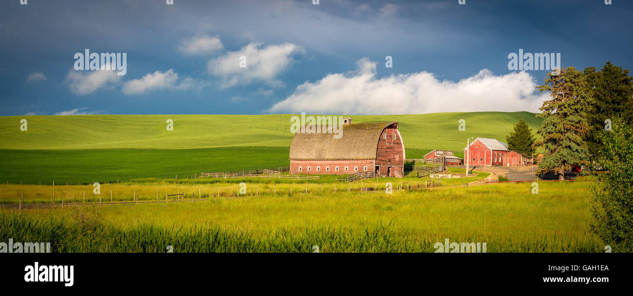 Rustic old red barn and green spring crops on an Idaho farm Stock Photo