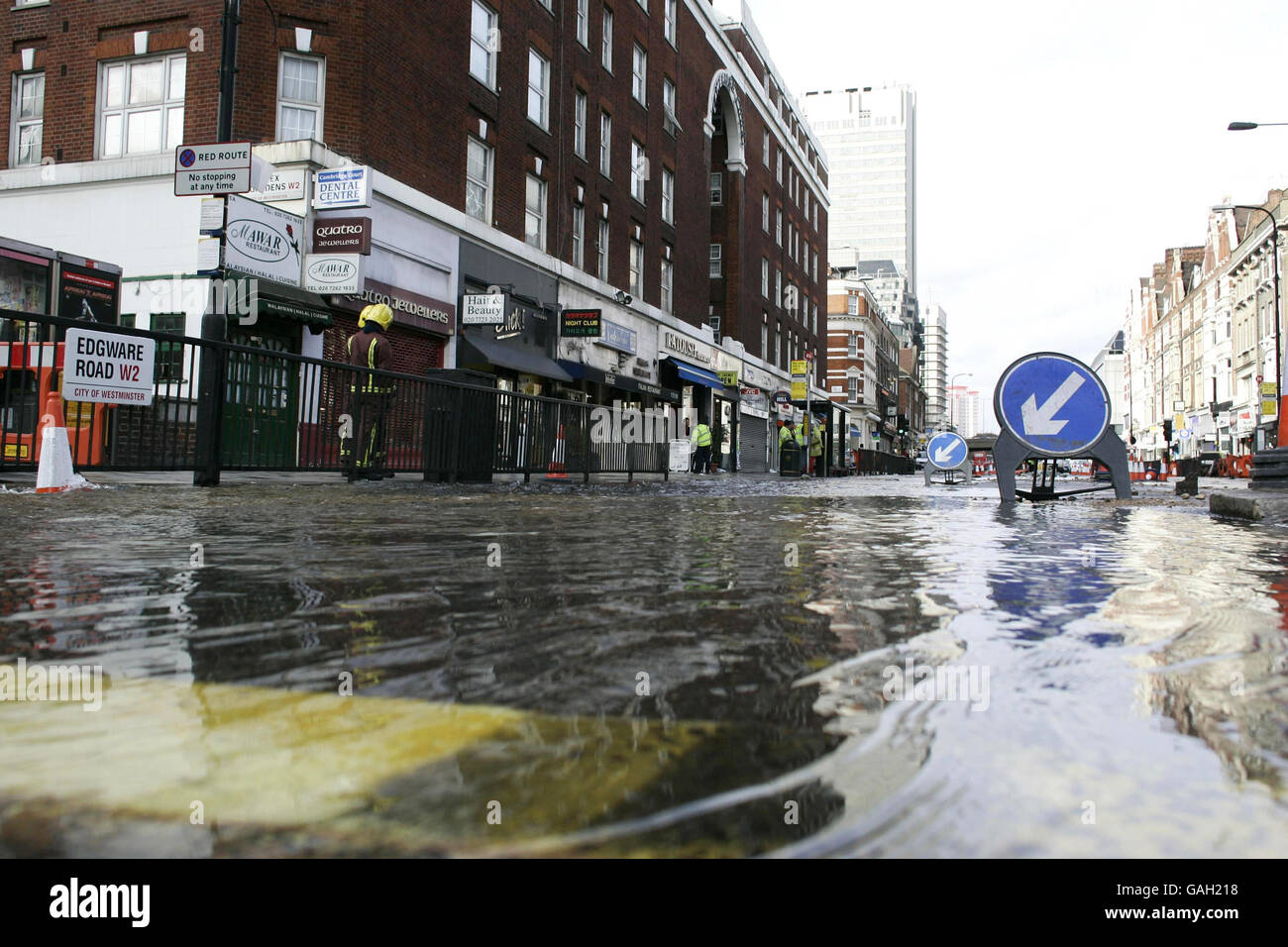 Burst water main in London. A general view of Edgware Road, London, after a water main burst