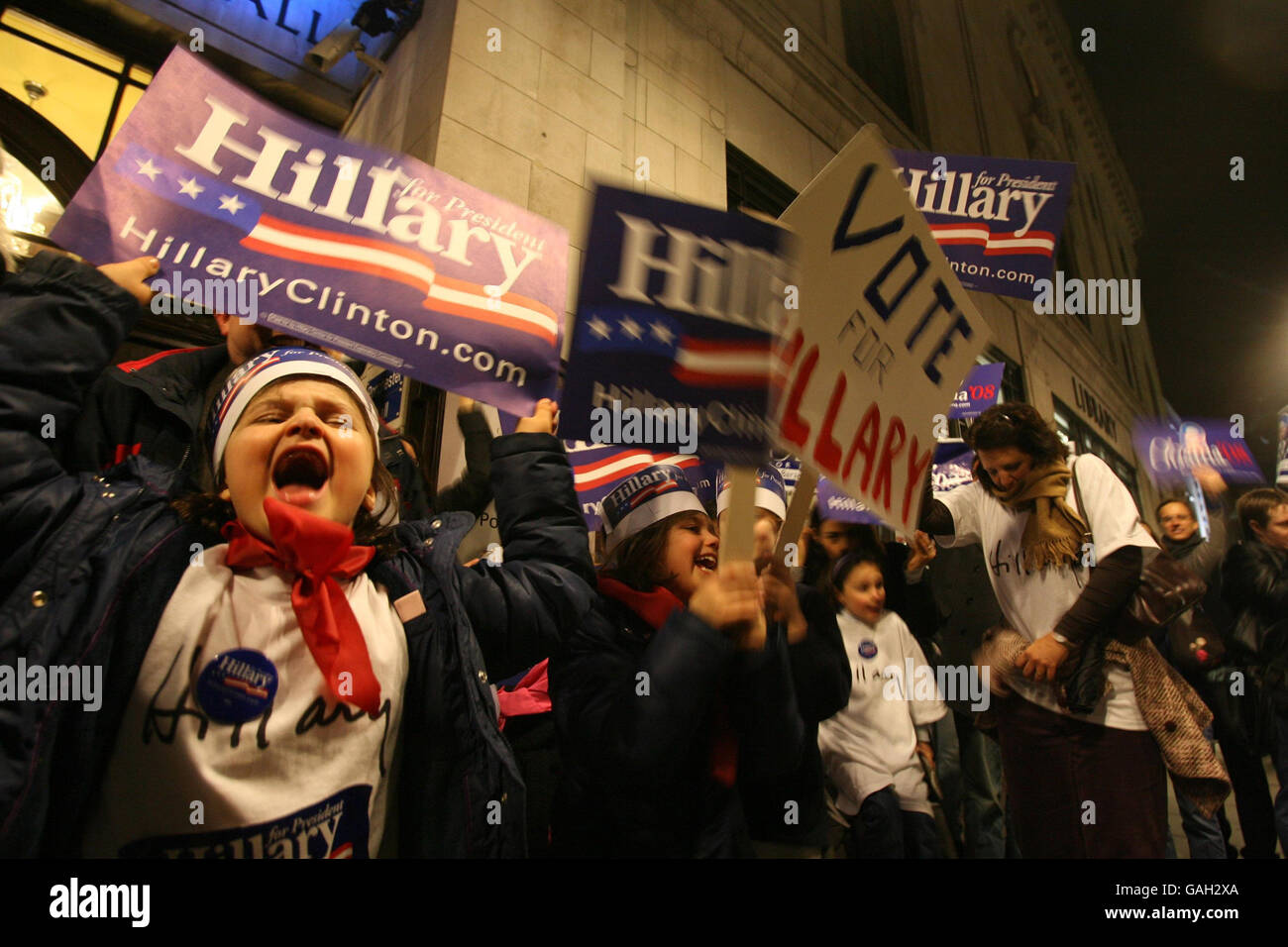 Supporters of Hillary Clinton voice their opinions outside Porchester Hall in west London, where Americans were voting on their future Democratic Party leader. Stock Photo