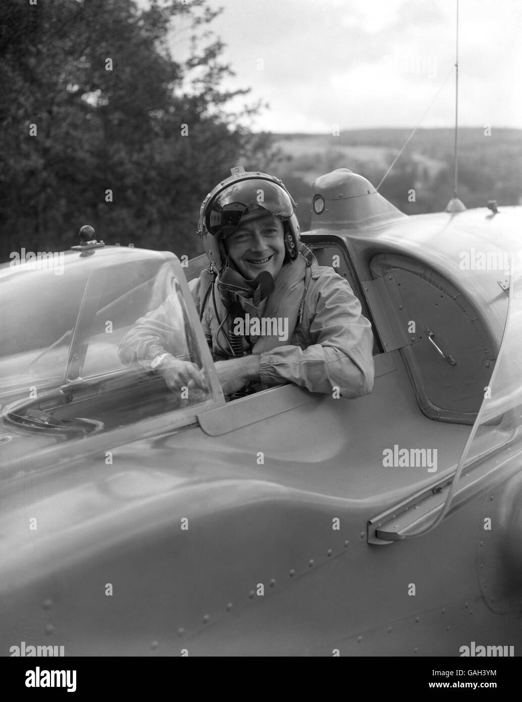 Donald Campbell in the cockpit of his jetpowered hydroplane 'Bluebird