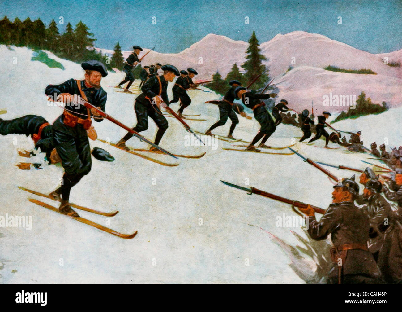 Alpine Chasseurs charge German lines on skis during World War I Stock Photo