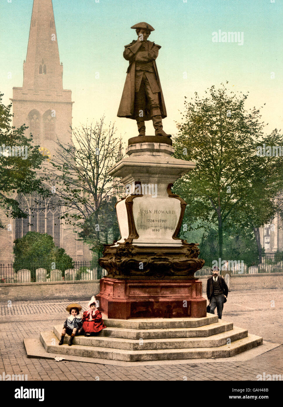 Howard Statue, Bedford, England.  Image shows statue of philanthropist John Howard (1726-1790) who was also a prison reformer. The statue is located in Bedford, England and was made by sculptor Sir Alfred Gilbert (1854-1934). Stock Photo