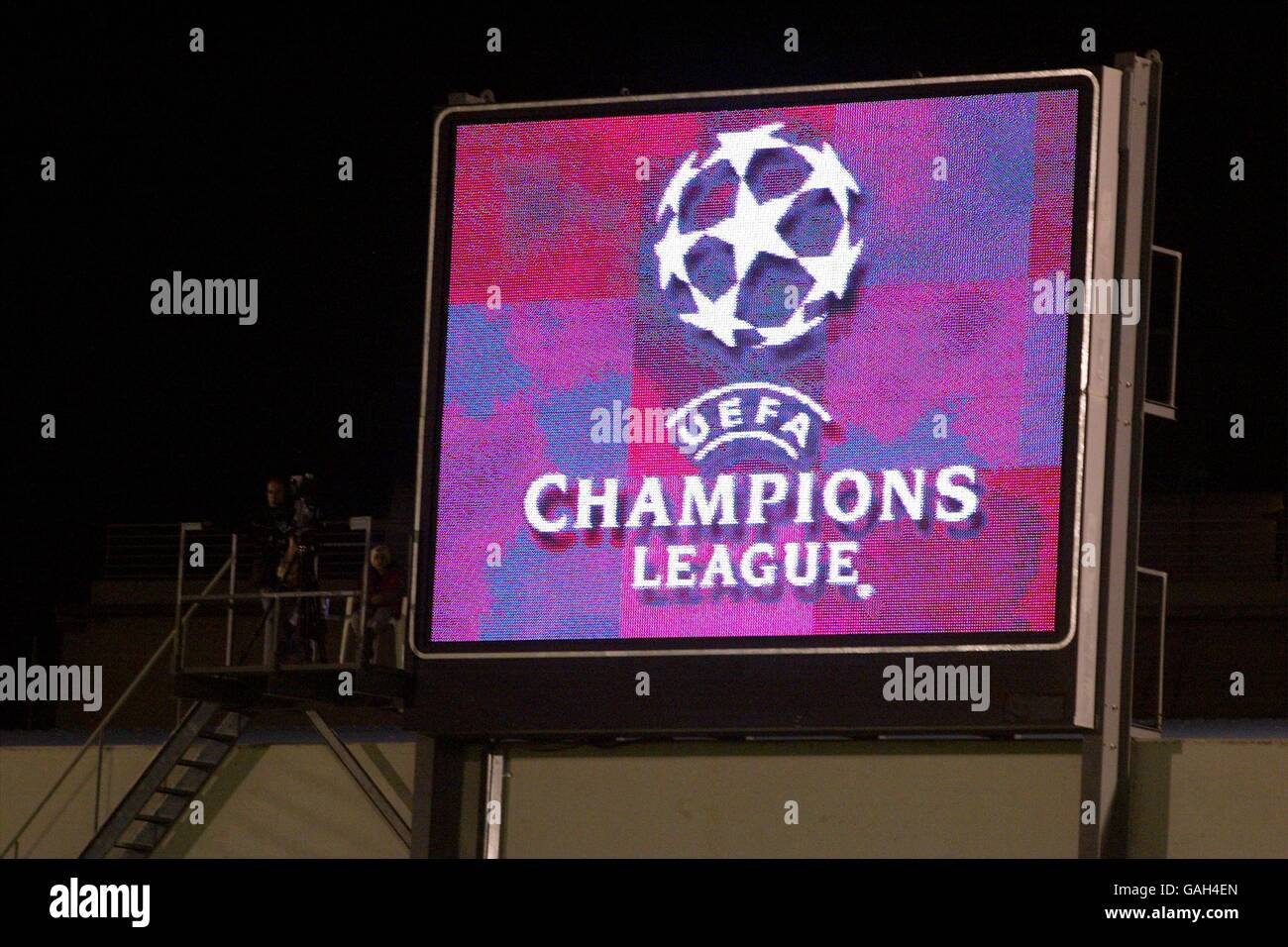 Soccer - UEFA Champions League - Group F - Olympiakos v Manchester United. The UEFA Champions League logo on the large screen Stock Photo