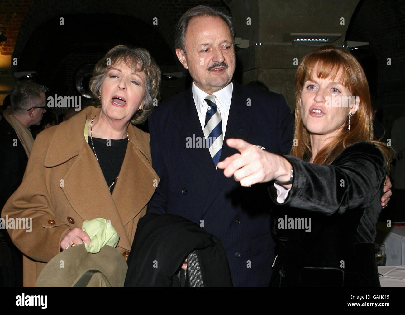 Stars of To The Manor Born Penelope Keith and Peter Bowles pose for photographers with Sarah Ferguson during the Importance of Being Earnest after party at the Cafe in the Crypt, St.Martin in the Fields, central London. Stock Photo