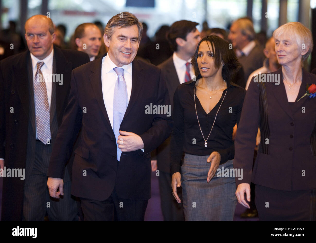 Prime Minister Gordon Brown and Kelly Holmes, National Schools Sports Champion, arrive at The Youth Sports Trust Conference at the Telford International Conference Centre. Stock Photo