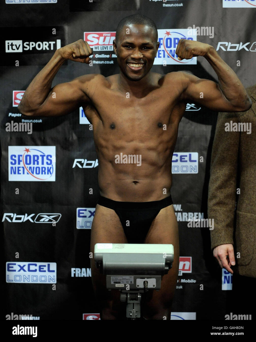 Gairy St. Clair during the weigh-in at the Excel Arena, London. Stock Photo