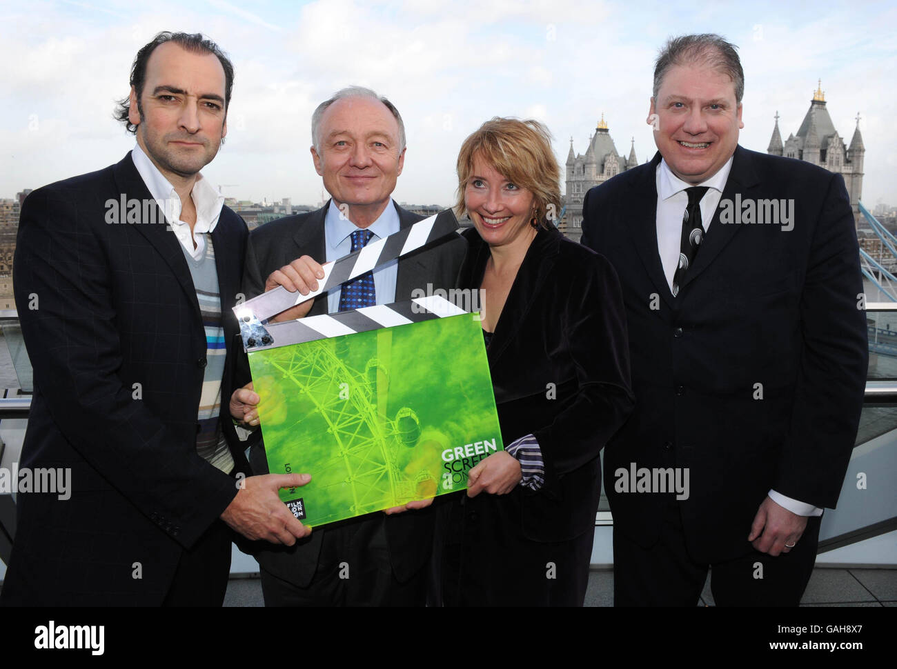 (From left to right) Alistair McGowan, Ken Livingstone, Emma Thompson and chief executive of Film London Adrian Wooton launch a programme to make London's film, TV and commercial production industries cleaner and greener at London City Hall. Stock Photo