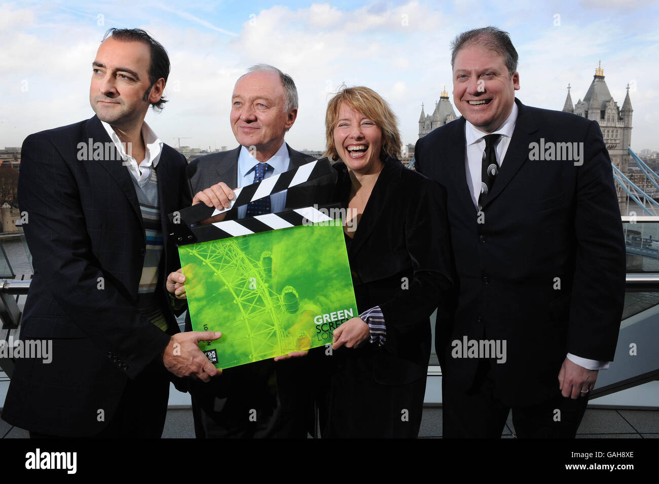 (From left to right) Alistair McGowan, Ken Livingstone, Emma Thompson and chief executive of Film London Adrian Wooton launch a programme to make London's film, TV and commercial production industries cleaner and greener at London City Hall. Stock Photo