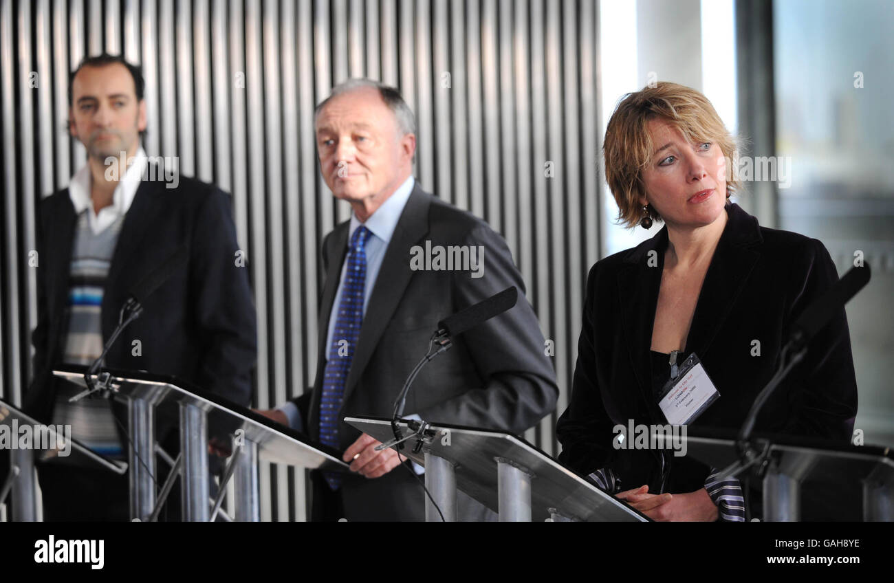 Ken Livingstone (centre) is joined by Emma Thompson (right) and Alistair McGowan (left) to launch a programme to make London's film, TV and commercial production industries cleaner and greener at London City Hall. Stock Photo